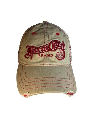 Farm Girl Brand Hat Beige & Red Distressed Cap Embroidered Details Adjustable